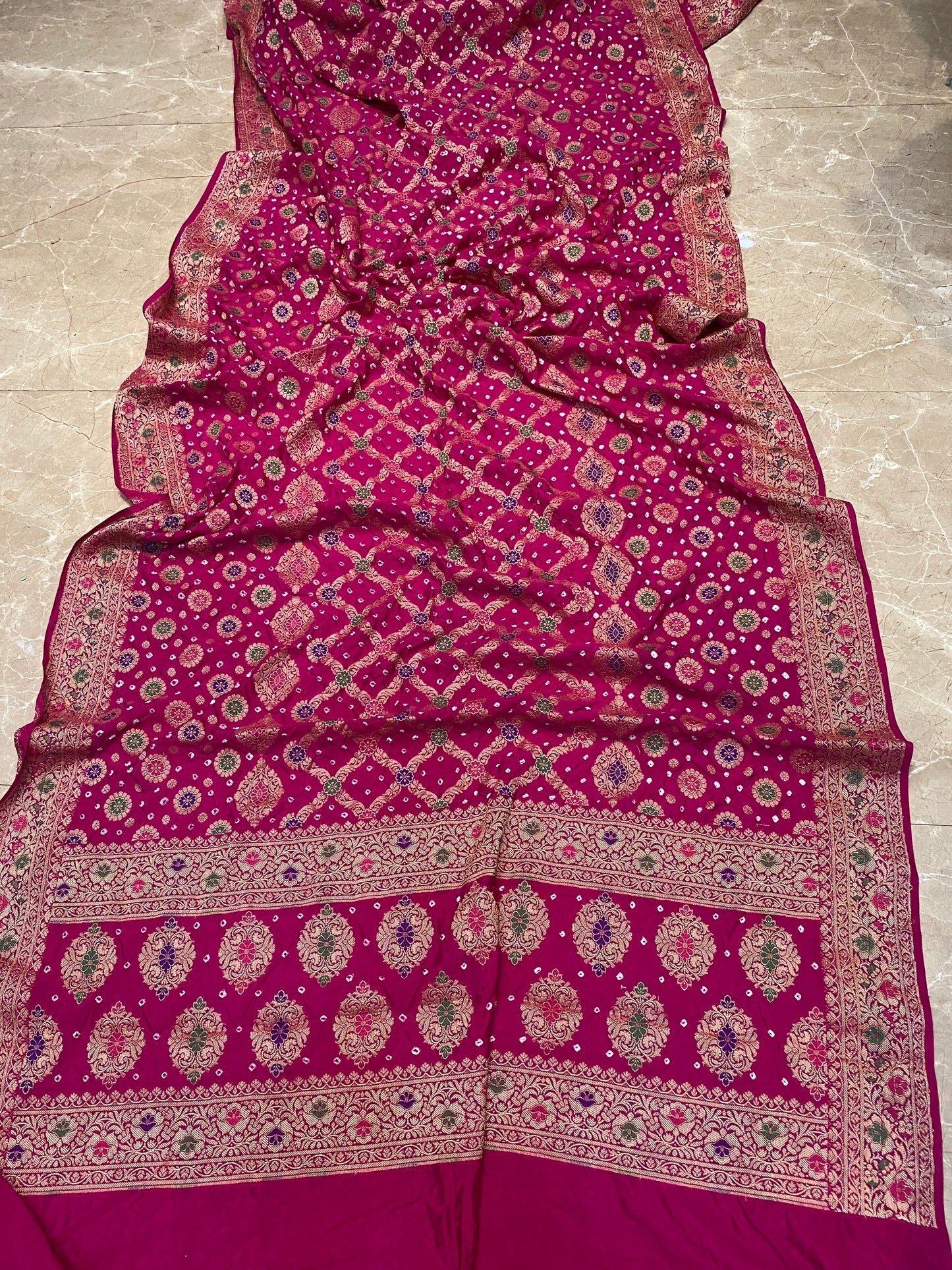 Rani Pink Chiffon Banarasi Bandhani Saree with Minakari Work by Shades Of Banaras - banarasi - banarasi saree shop - banarasi saree manufacturers - banarasi saree wholesale - banaraasi sarees