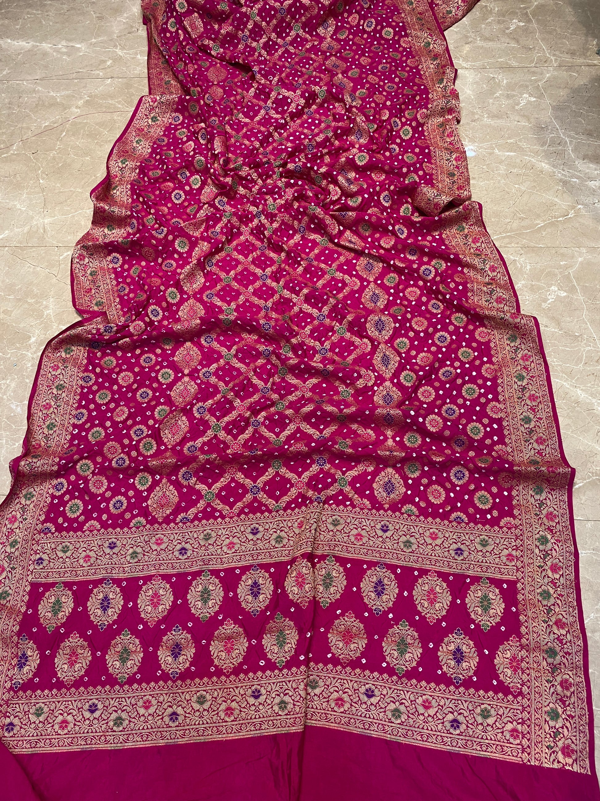 Rani Pink Chiffon Banarasi Bandhani Saree with Minakari Work by Shades Of Banaras - banarasi - banarasi saree shop - banarasi saree manufacturers - banarasi saree wholesale - banaraasi sarees