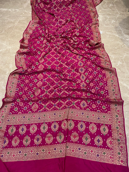 Rani Pink Chiffon Banarasi Bandhani Saree with Minakari Work by Shades Of Banaras - banarasi - banarasi saree shop - banarasi saree manufacturers - banarasi saree wholesale - banaraasi sarees