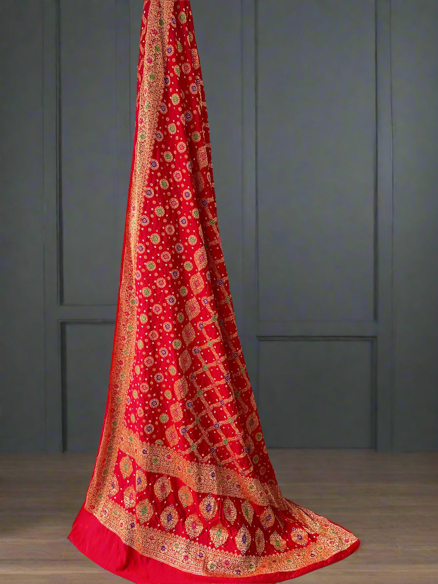 Classic Red Chiffon Banarasi Bandhani Saree with Minakari Work by Shades Of Banaras - banarasi - banarasi saree shop - banarasi saree manufacturers - banarasi saree wholesale - banaraasi sarees