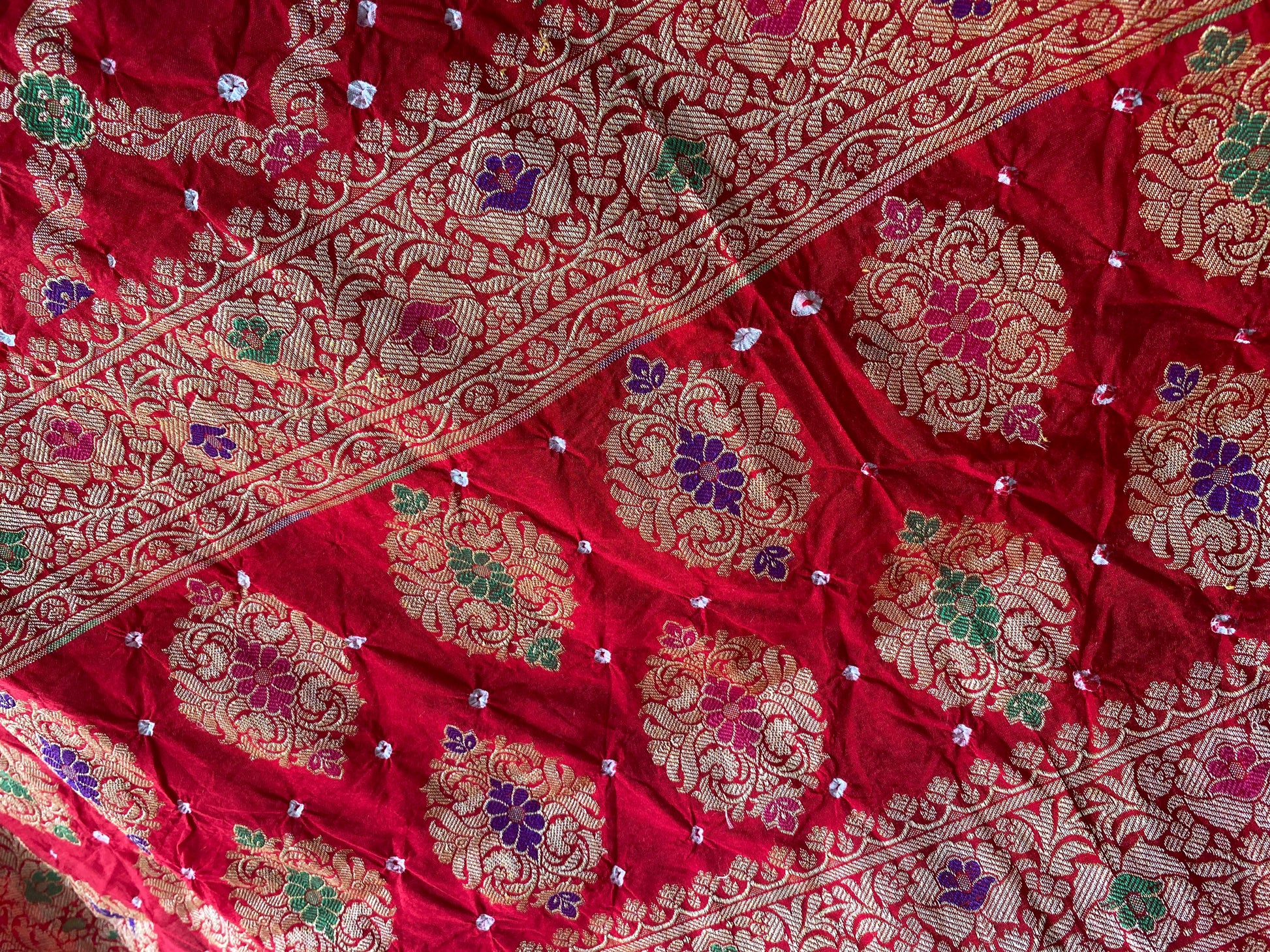 Classic Red Chiffon Banarasi Bandhani Saree with Minakari Work by Shades Of Banaras - banarasi - banarasi saree shop - banarasi saree manufacturers - banarasi saree wholesale - banaraasi sarees