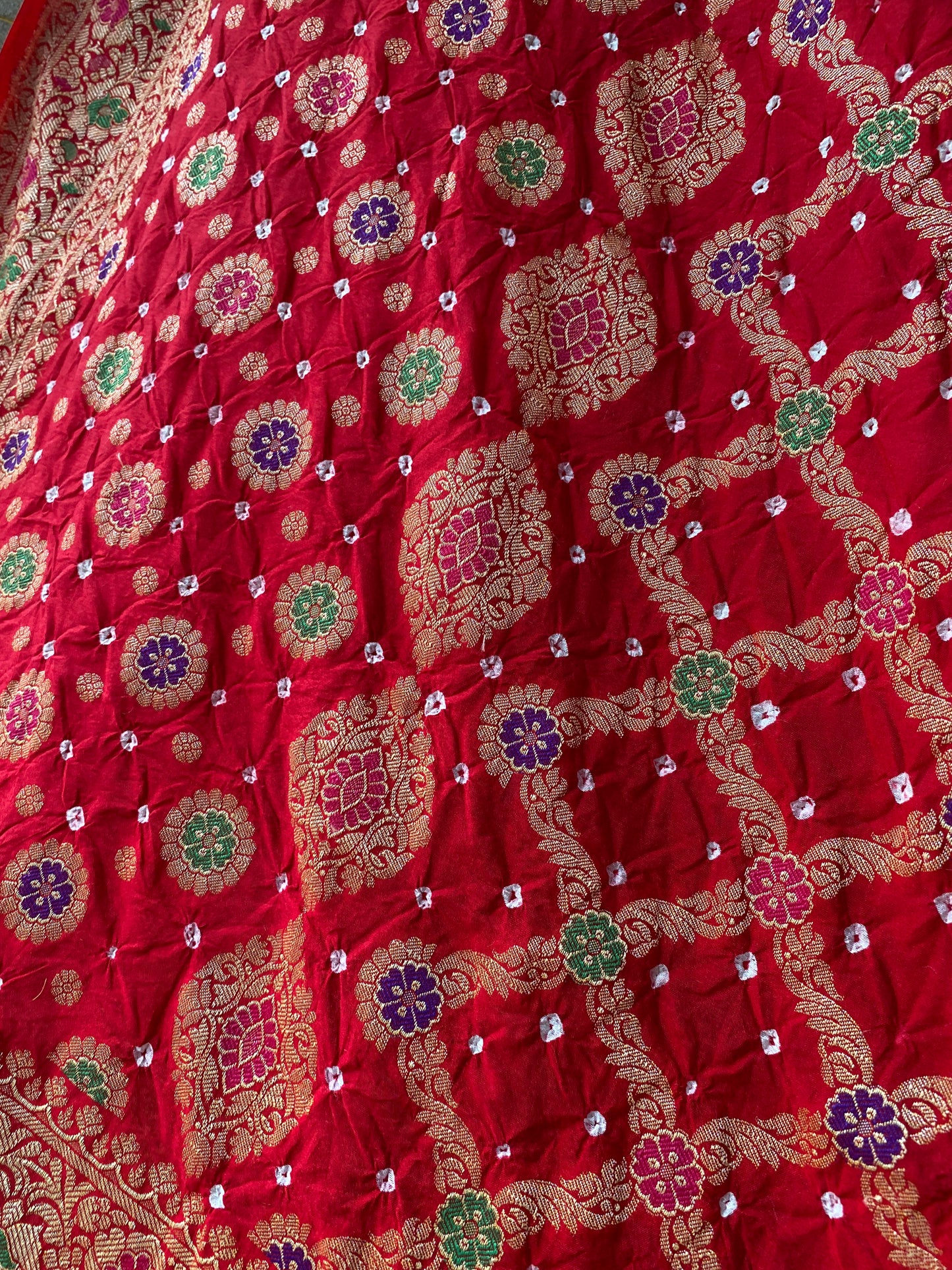 Classic Red Chiffon Banarasi Bandhani Saree with Minakari Work by Shades Of Banaras - banarasi - banarasi saree shop - banarasi saree manufacturers - banarasi saree wholesale - banaraasi sarees