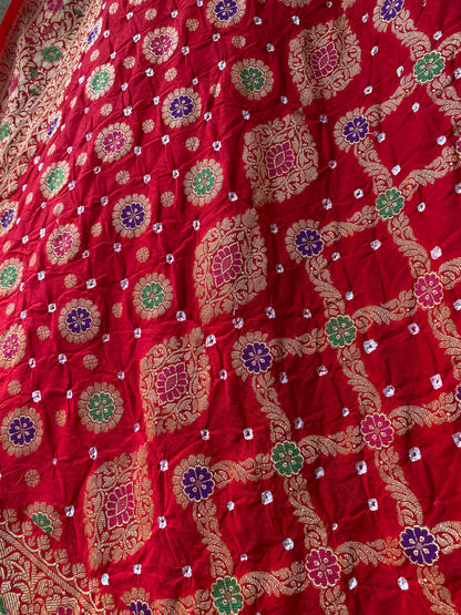 Classic Red Chiffon Banarasi Bandhani Saree with Minakari Work by Shades Of Banaras - banarasi - banarasi saree shop - banarasi saree manufacturers - banarasi saree wholesale - banaraasi sarees