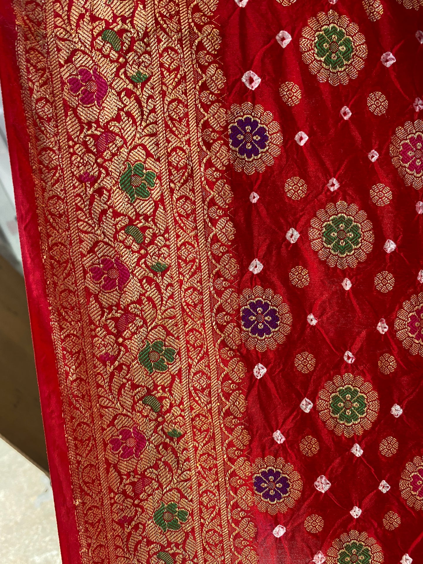 Classic Red Chiffon Banarasi Bandhani Saree with Minakari Work by Shades Of Banaras - banarasi - banarasi saree shop - banarasi saree manufacturers - banarasi saree wholesale - banaraasi sarees