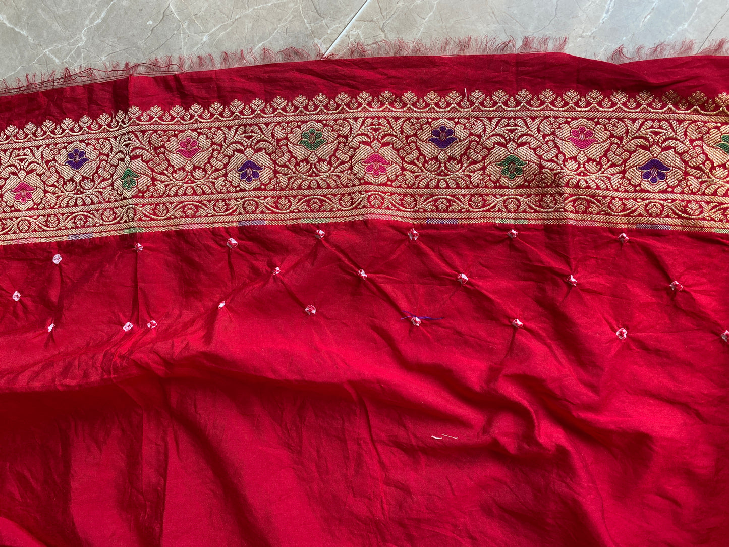 Classic Red Chiffon Banarasi Bandhani Saree with Minakari Work by Shades Of Banaras - banarasi - banarasi saree shop - banarasi saree manufacturers - banarasi saree wholesale - banaraasi sarees