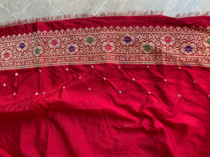 Classic Red Chiffon Banarasi Bandhani Saree with Minakari Work by Shades Of Banaras - banarasi - banarasi saree shop - banarasi saree manufacturers - banarasi saree wholesale - banaraasi sarees