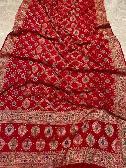 Classic Red Chiffon Banarasi Bandhani Saree with Minakari Work by Shades Of Banaras - banarasi - banarasi saree shop - banarasi saree manufacturers - banarasi saree wholesale - banaraasi sarees