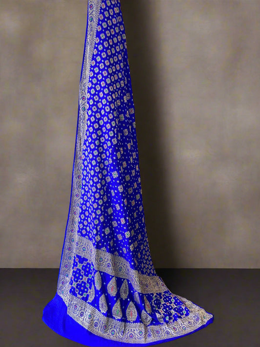 Royal Blue Chiffon Banarasi Bandhani Saree with Minakari Work by Shades Of Banaras - banarasi - banarasi saree shop - banarasi saree manufacturers - banarasi saree wholesale - banaraasi sarees