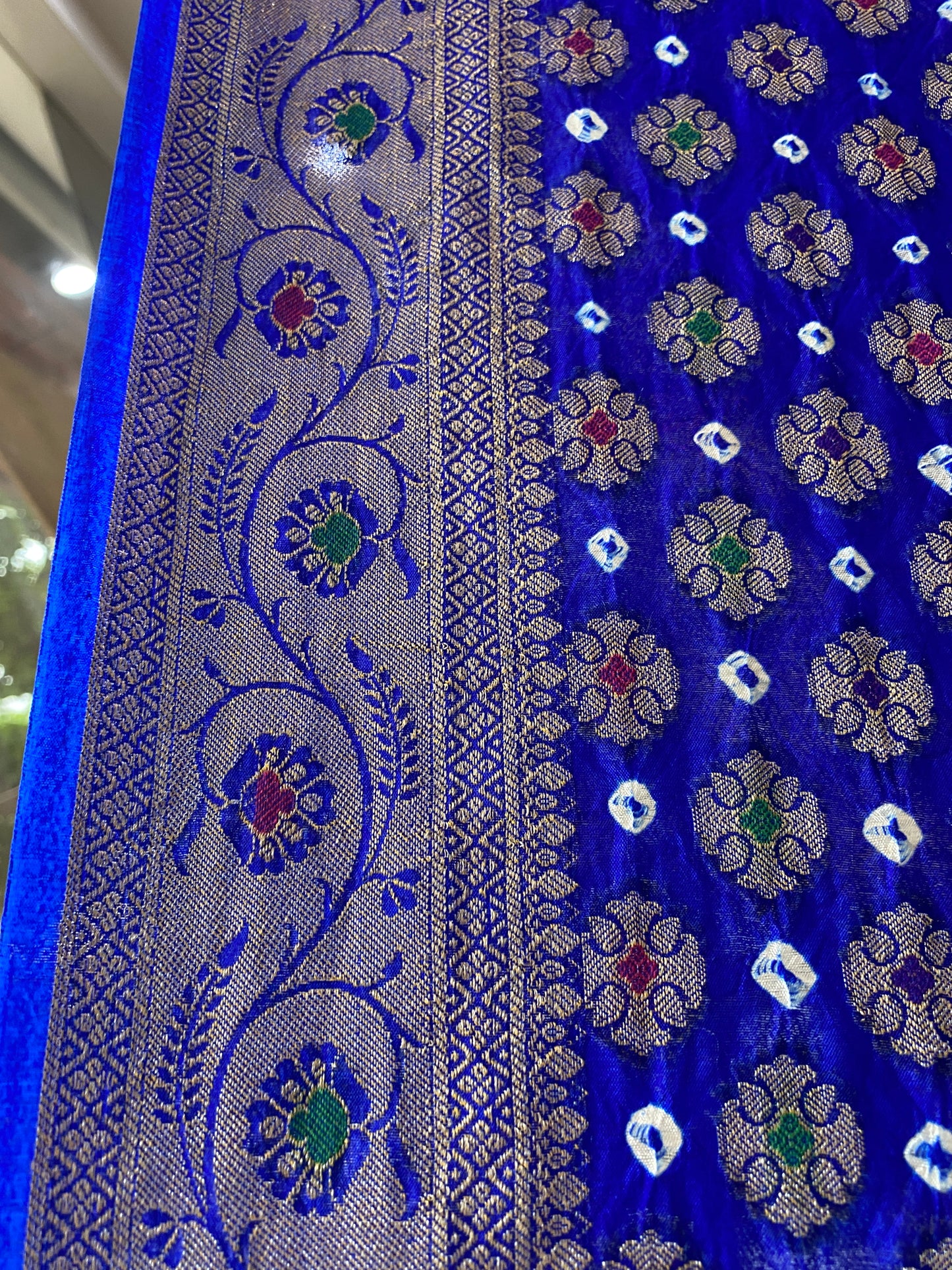 Royal Blue Chiffon Banarasi Bandhani Saree with Minakari Work by Shades Of Banaras - banarasi - banarasi saree shop - banarasi saree manufacturers - banarasi saree wholesale - banaraasi sarees