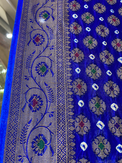 Royal Blue Chiffon Banarasi Bandhani Saree with Minakari Work by Shades Of Banaras - banarasi - banarasi saree shop - banarasi saree manufacturers - banarasi saree wholesale - banaraasi sarees