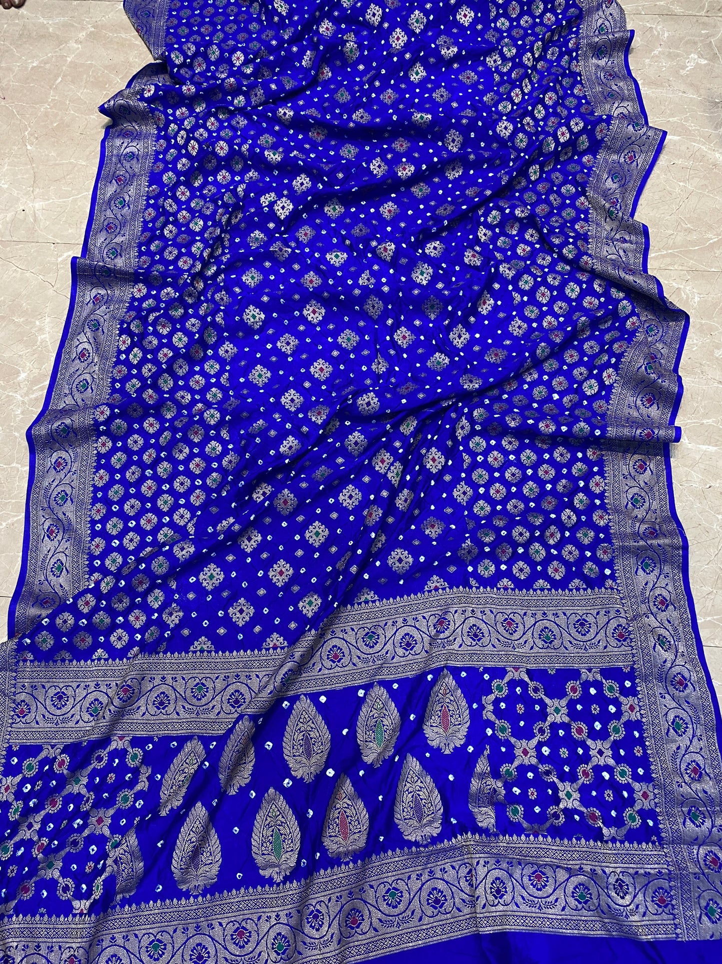 Royal Blue Chiffon Banarasi Bandhani Saree with Minakari Work by Shades Of Banaras - banarasi - banarasi saree shop - banarasi saree manufacturers - banarasi saree wholesale - banaraasi sarees