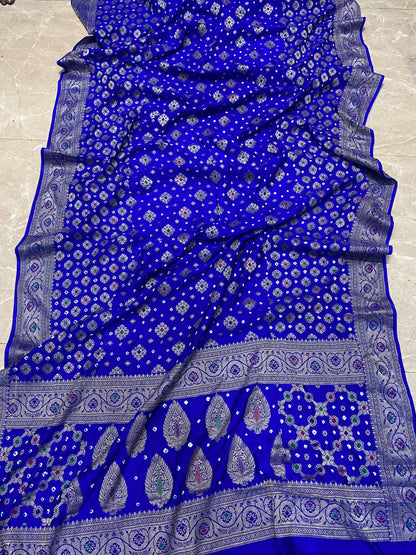 Royal Blue Chiffon Banarasi Bandhani Saree with Minakari Work by Shades Of Banaras - banarasi - banarasi saree shop - banarasi saree manufacturers - banarasi saree wholesale - banaraasi sarees
