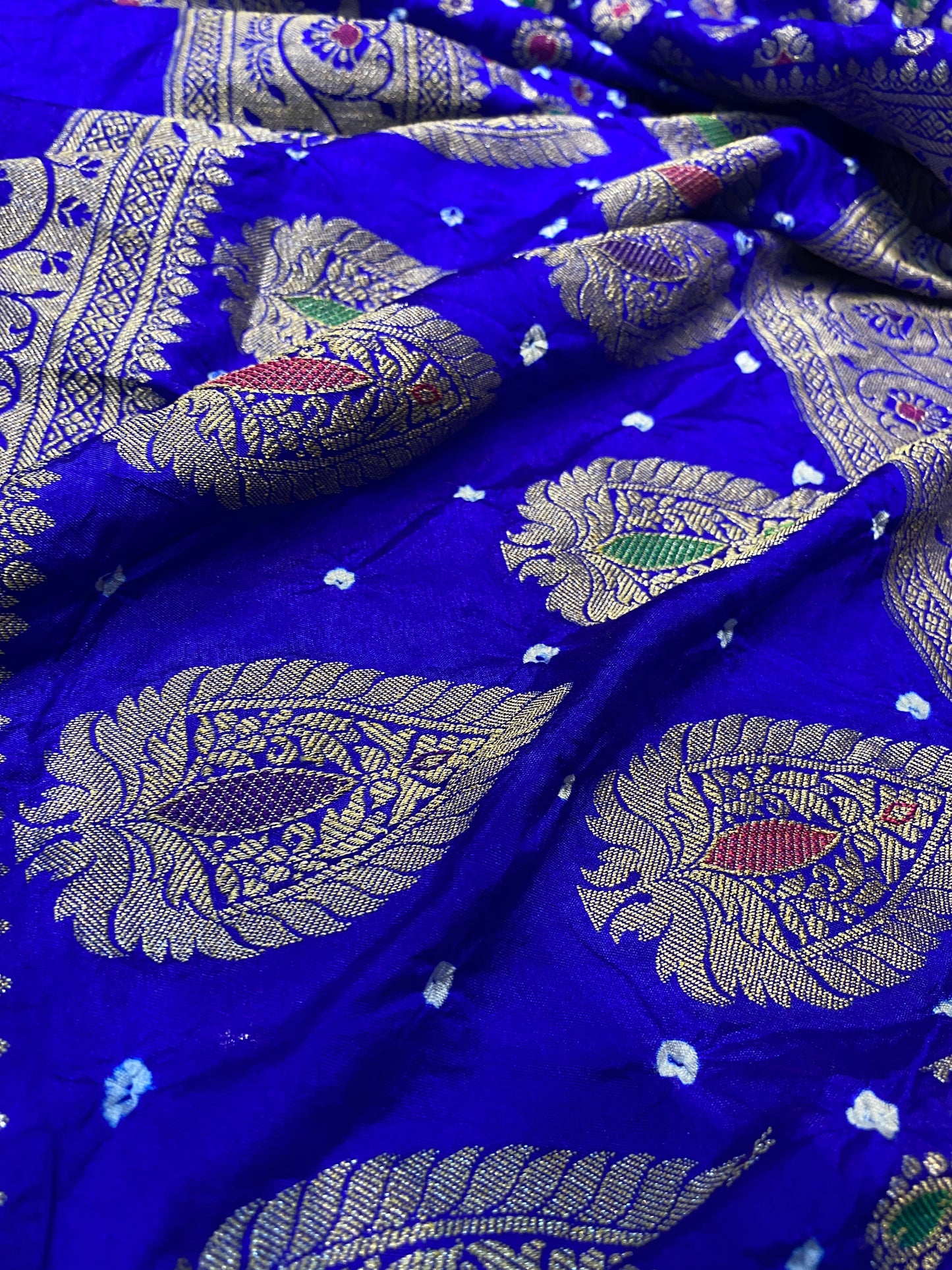 Royal Blue Chiffon Banarasi Bandhani Saree with Minakari Work by Shades Of Banaras - banarasi - banarasi saree shop - banarasi saree manufacturers - banarasi saree wholesale - banaraasi sarees