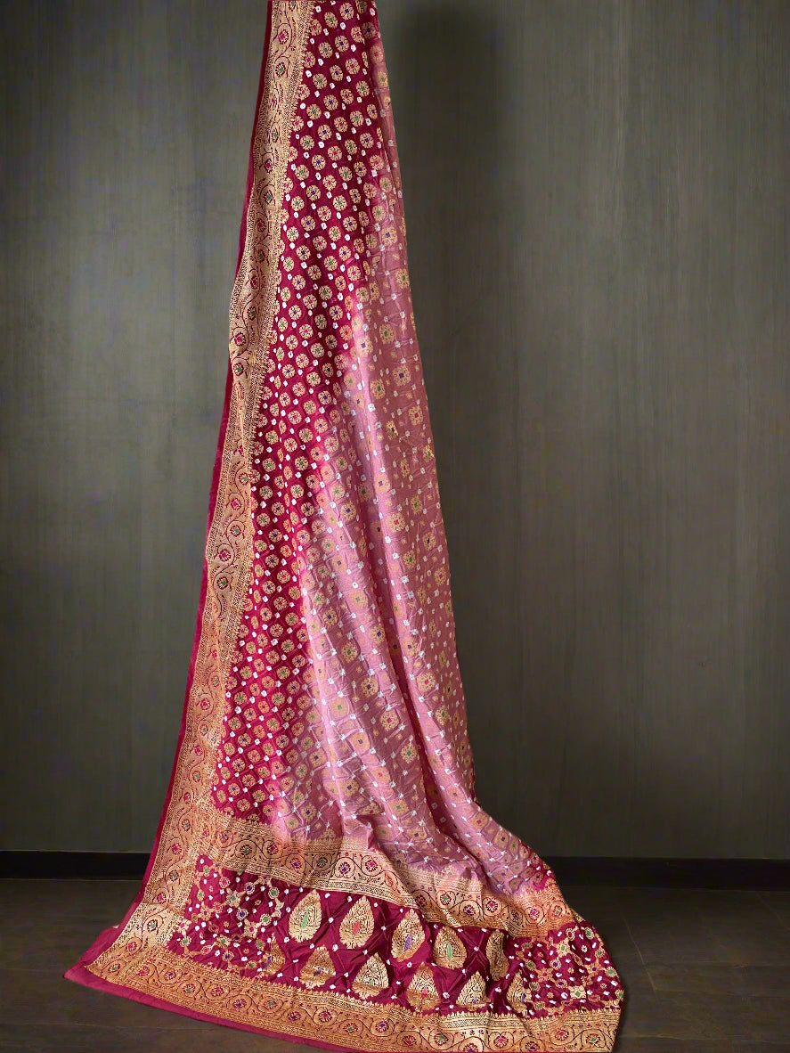 Maroon & Pink Chiffon Banarasi Bandhani Saree with Minakari Work by Shades Of Banaras - banarasi - banarasi saree shop - banarasi saree manufacturers - banarasi saree wholesale - banaraasi sarees