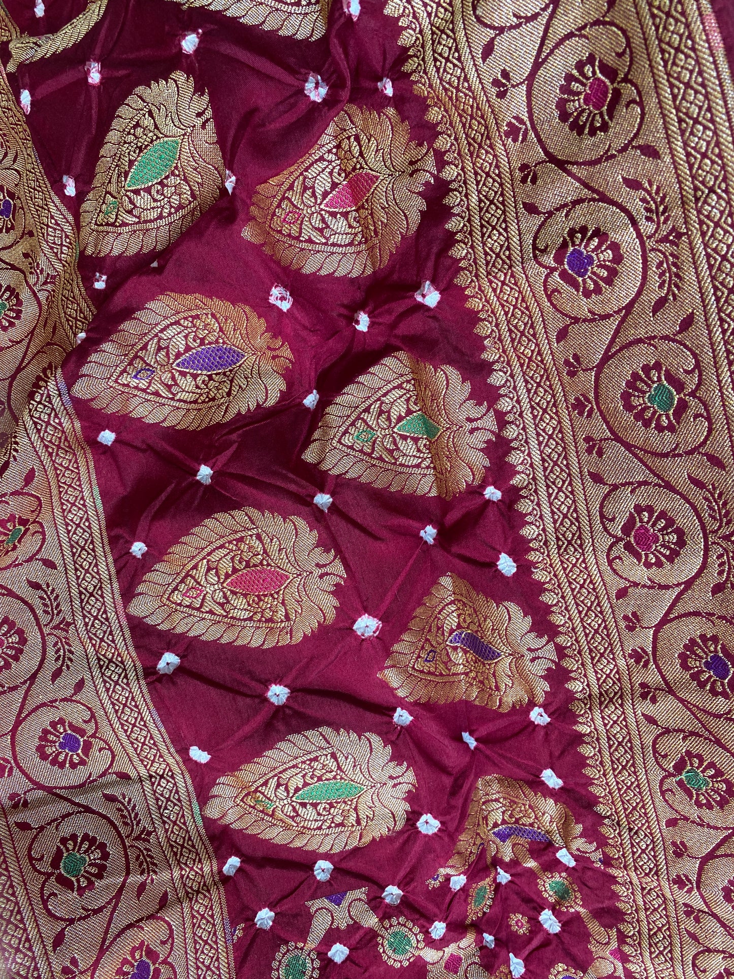 Maroon & Pink Chiffon Banarasi Bandhani Saree with Minakari Work by Shades Of Banaras - banarasi - banarasi saree shop - banarasi saree manufacturers - banarasi saree wholesale - banaraasi sarees