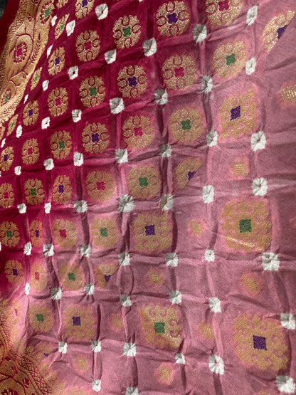 Maroon & Pink Chiffon Banarasi Bandhani Saree with Minakari Work by Shades Of Banaras - banarasi - banarasi saree shop - banarasi saree manufacturers - banarasi saree wholesale - banaraasi sarees