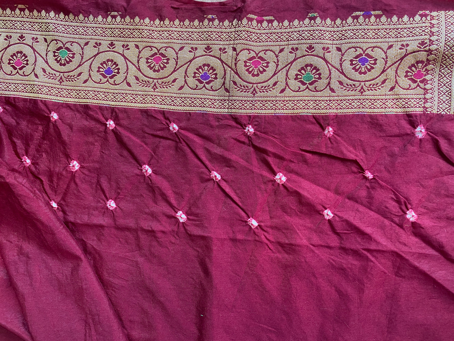 Maroon & Pink Chiffon Banarasi Bandhani Saree with Minakari Work by Shades Of Banaras - banarasi - banarasi saree shop - banarasi saree manufacturers - banarasi saree wholesale - banaraasi sarees