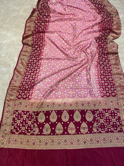 Maroon & Pink Chiffon Banarasi Bandhani Saree with Minakari Work by Shades Of Banaras - banarasi - banarasi saree shop - banarasi saree manufacturers - banarasi saree wholesale - banaraasi sarees