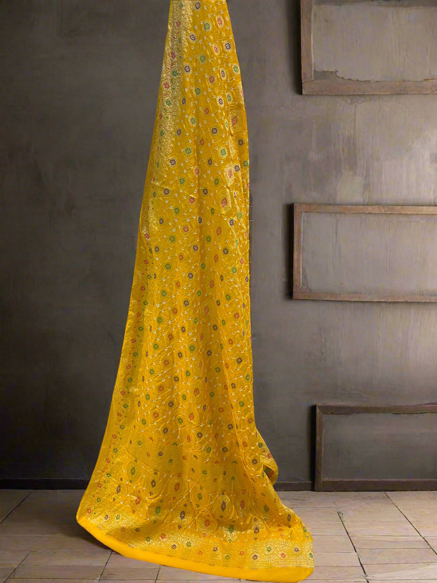 Yellow Chiffon Banarasi Bandhani Saree with Minakari Work by Shades Of Banaras - banarasi - banarasi saree shop - banarasi saree manufacturers - banarasi saree wholesale - banaraasi sarees