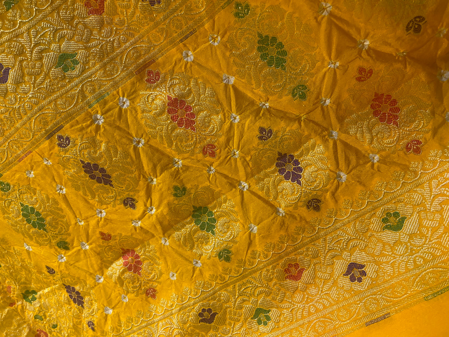 Yellow Chiffon Banarasi Bandhani Saree with Minakari Work by Shades Of Banaras - banarasi - banarasi saree shop - banarasi saree manufacturers - banarasi saree wholesale - banaraasi sarees