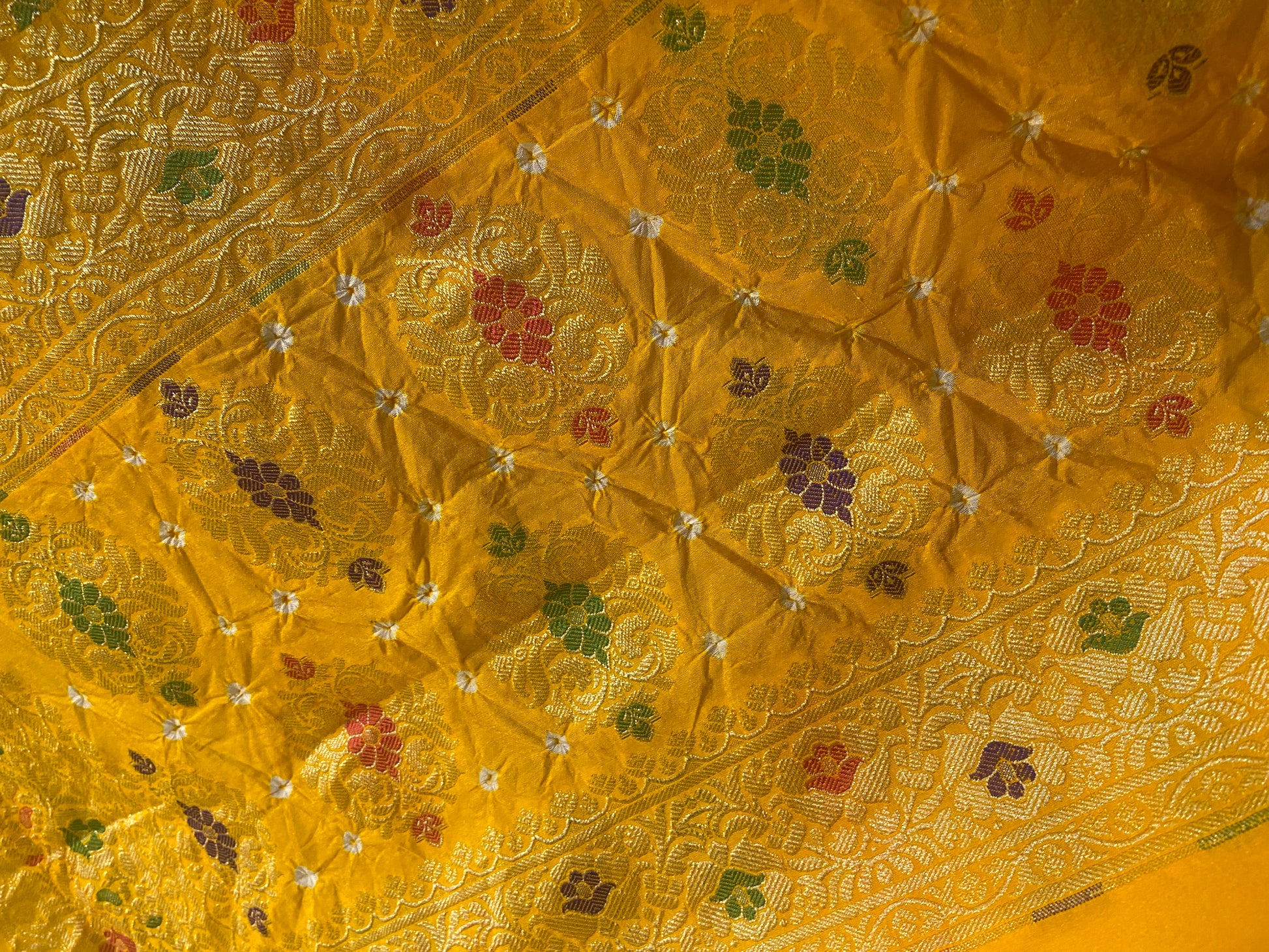 Yellow Chiffon Banarasi Bandhani Saree with Minakari Work by Shades Of Banaras - banarasi - banarasi saree shop - banarasi saree manufacturers - banarasi saree wholesale - banaraasi sarees