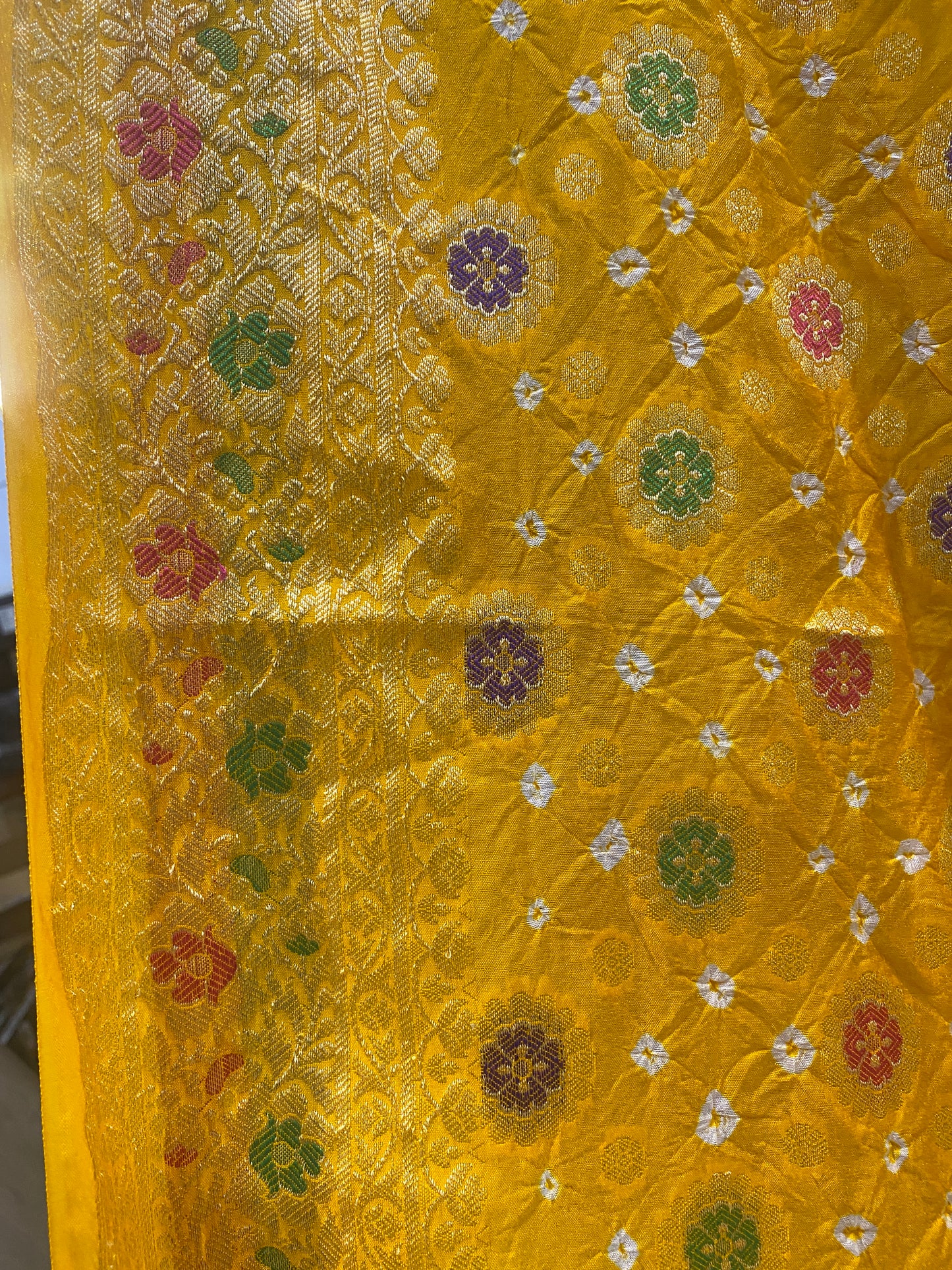 Yellow Chiffon Banarasi Bandhani Saree with Minakari Work by Shades Of Banaras - banarasi - banarasi saree shop - banarasi saree manufacturers - banarasi saree wholesale - banaraasi sarees