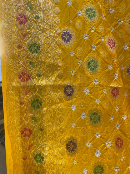 Yellow Chiffon Banarasi Bandhani Saree with Minakari Work by Shades Of Banaras - banarasi - banarasi saree shop - banarasi saree manufacturers - banarasi saree wholesale - banaraasi sarees