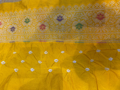 Yellow Chiffon Banarasi Bandhani Saree with Minakari Work by Shades Of Banaras - banarasi - banarasi saree shop - banarasi saree manufacturers - banarasi saree wholesale - banaraasi sarees