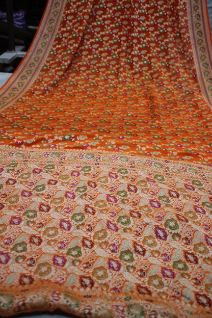 Summer Splendor: Orange Pure Khaddi Georgette Banarasi Saree by Shades Of Benares - banarasi - banarasi saree shop