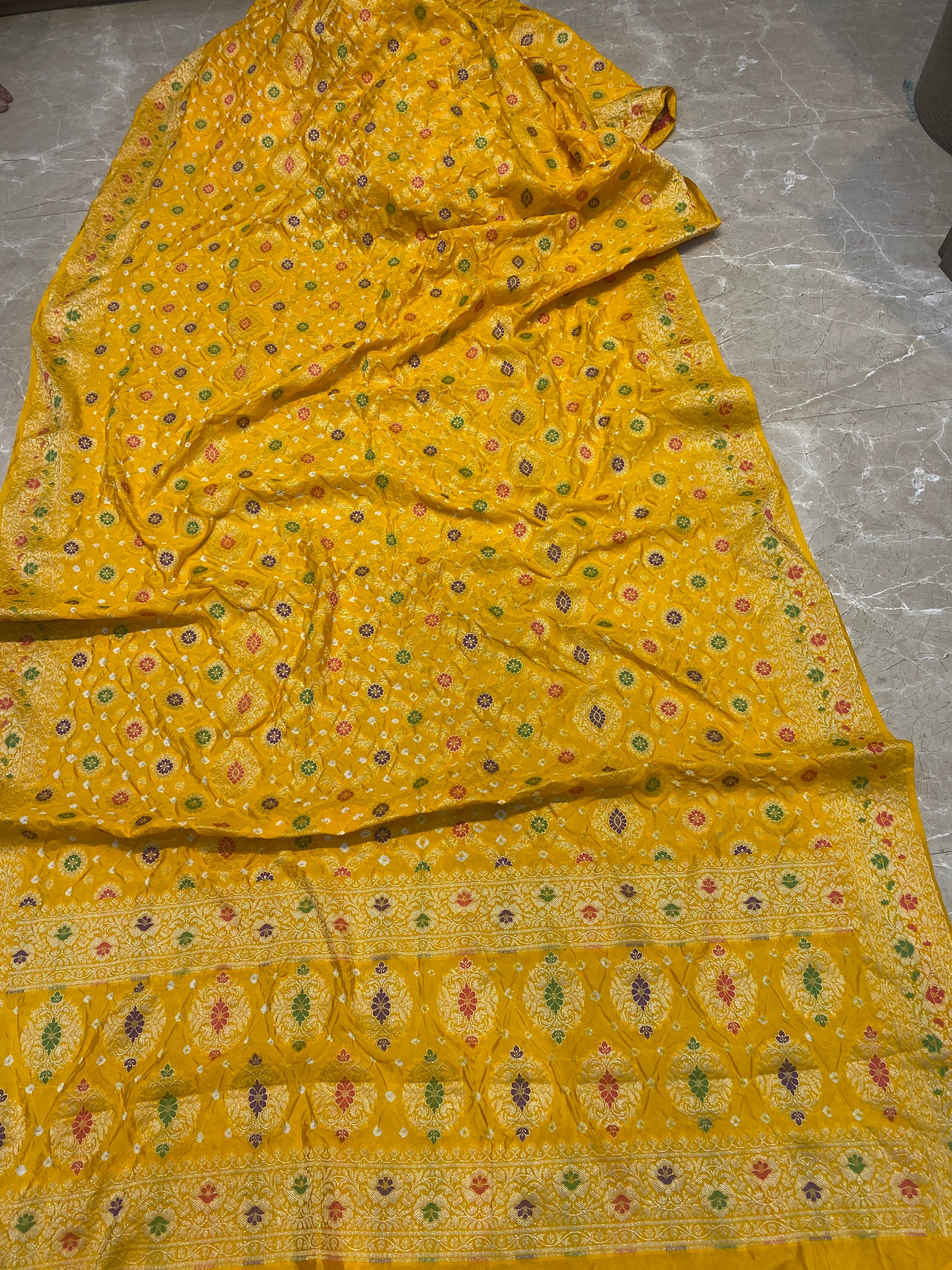 Yellow Chiffon Banarasi Bandhani Saree with Minakari Work by Shades Of Banaras - banarasi - banarasi saree shop - banarasi saree manufacturers - banarasi saree wholesale - banaraasi sarees