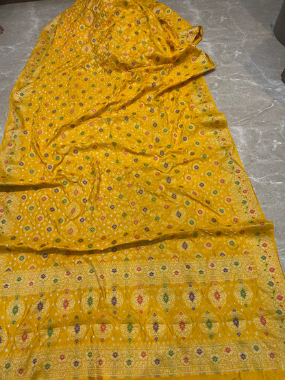 Yellow Chiffon Banarasi Bandhani Saree with Minakari Work by Shades Of Banaras - banarasi - banarasi saree shop - banarasi saree manufacturers - banarasi saree wholesale - banaraasi sarees