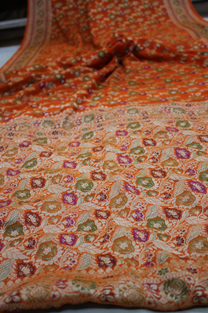 Summer-ready Orange Pure Khaddi Georgette Banarasi Saree from Shades of Benares.