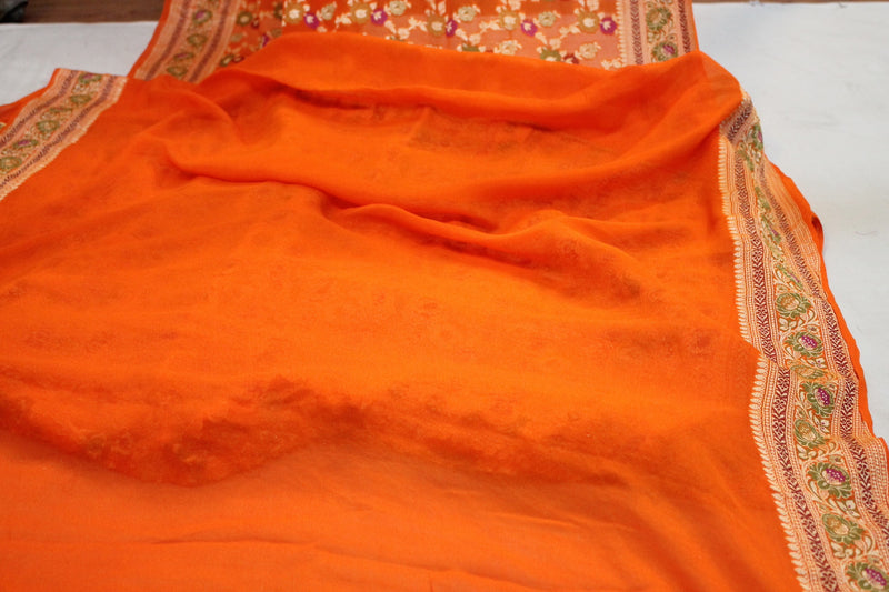 Summer saree: Orange pure Khaddi Georgette Banarasi Saree by Shades of Benares.