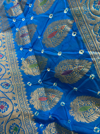 Sea & Dark Blue Chiffon Banarasi Bandhani Saree with Minakari by Shades Of Banaras - banarasi - banarasi saree shop - banarasi saree manufacturers - banarasi saree wholesale - banaraasi sarees