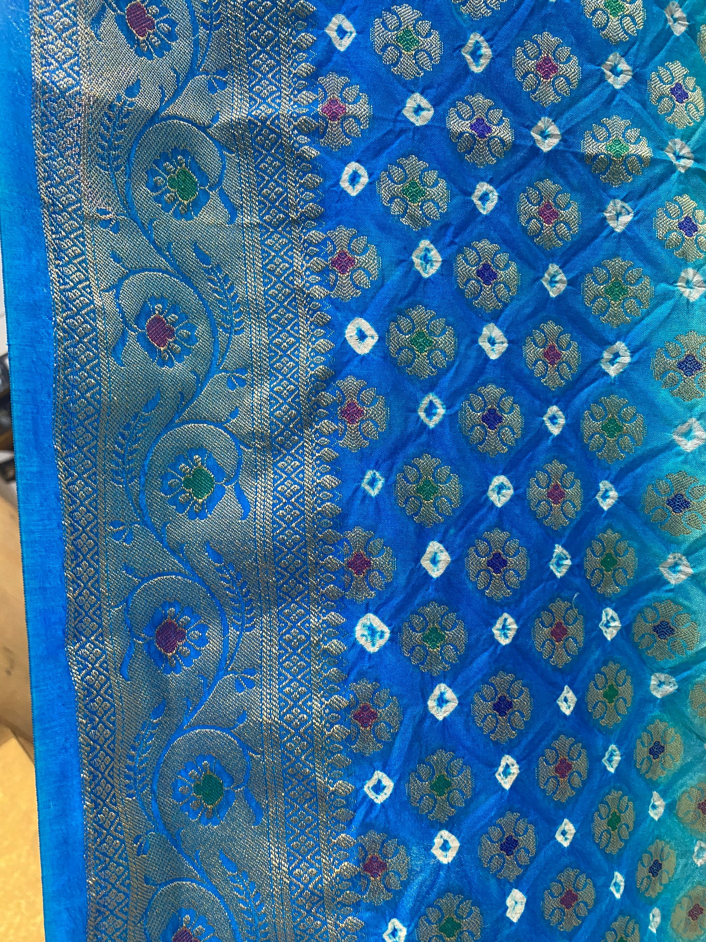 Sea & Dark Blue Chiffon Banarasi Bandhani Saree with Minakari by Shades Of Banaras - banarasi - banarasi saree shop - banarasi saree manufacturers - banarasi saree wholesale - banaraasi sarees