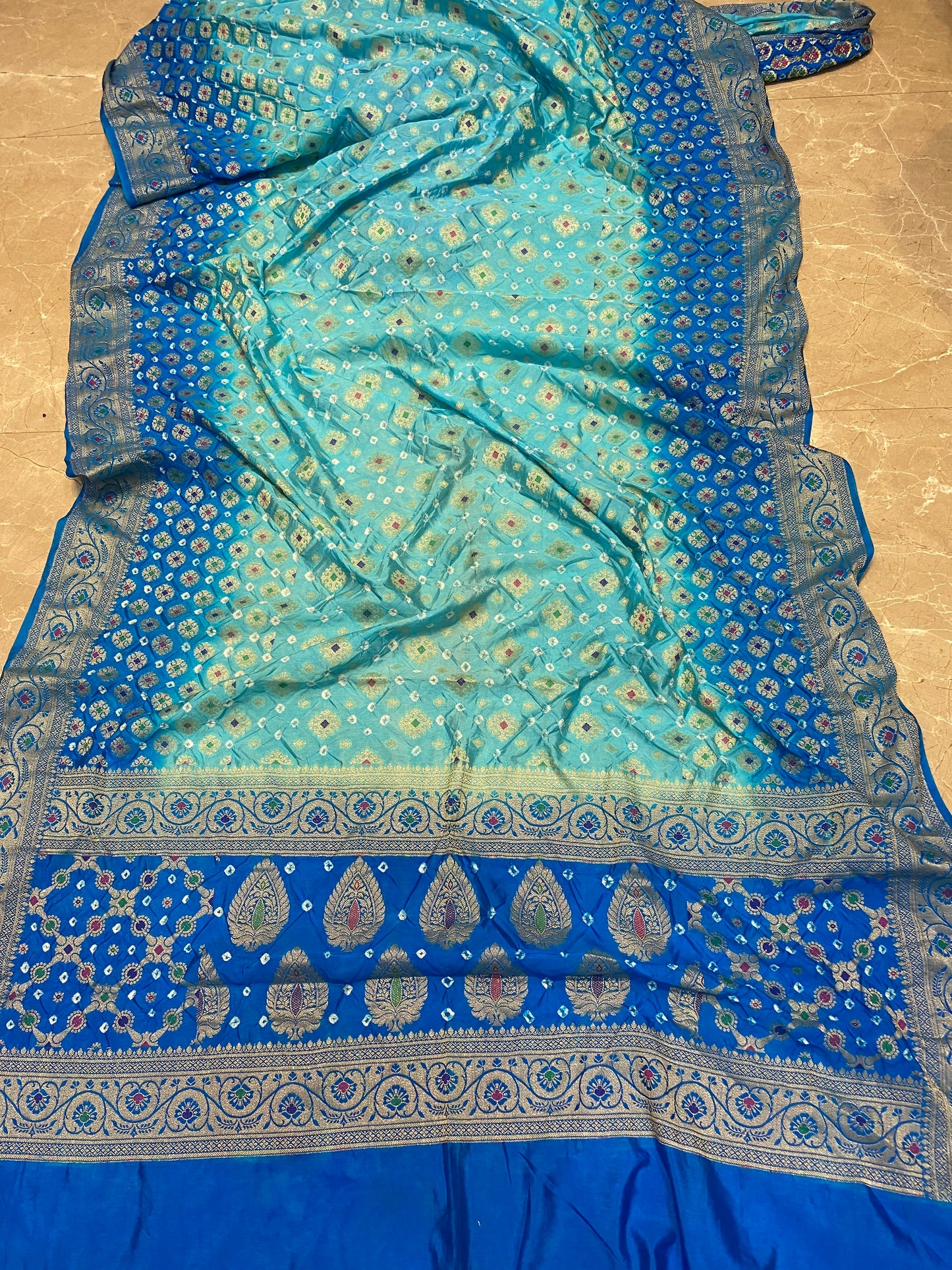 Sea & Dark Blue Chiffon Banarasi Bandhani Saree with Minakari by Shades Of Banaras - banarasi - banarasi saree shop - banarasi saree manufacturers - banarasi saree wholesale - banaraasi sarees