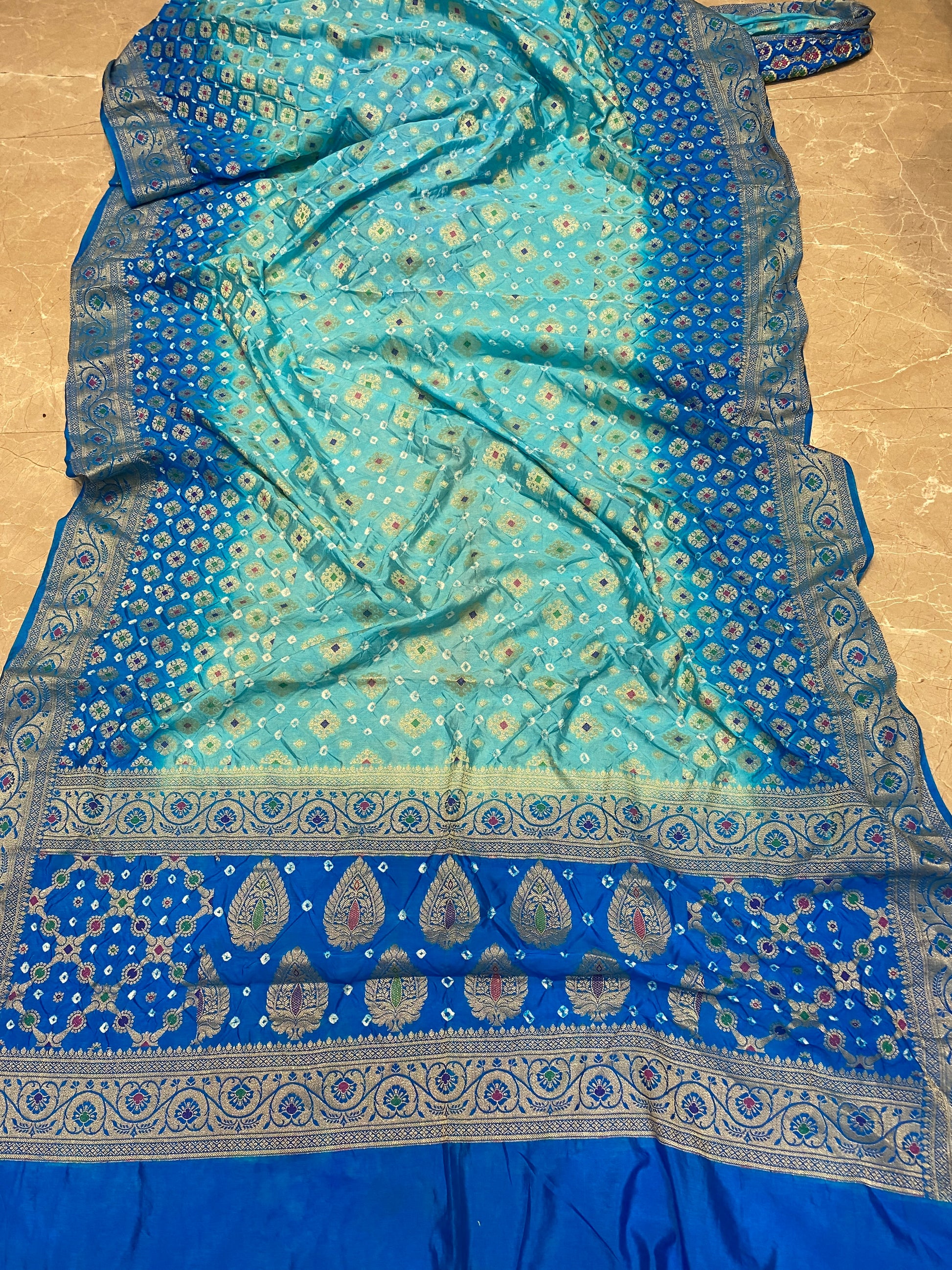 Sea & Dark Blue Chiffon Banarasi Bandhani Saree with Minakari by Shades Of Banaras - banarasi - banarasi saree shop - banarasi saree manufacturers - banarasi saree wholesale - banaraasi sarees