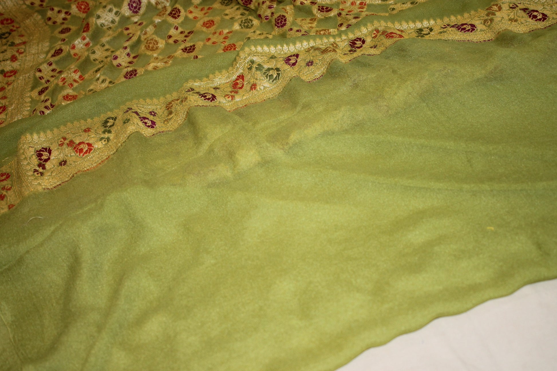 Summer Bliss: Pastel Green Pure Khaddi Georgette Banarasi Saree by Shades Of Benares - banarasi - banarasi saree shop