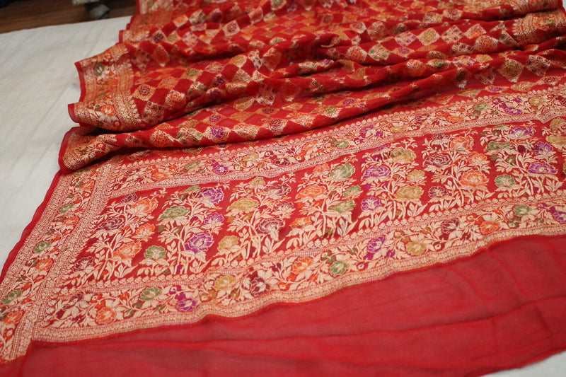 Red Pure Khaddi Georgette Banarasi Saree by Shades of Benares, radiating elegance and sophistication.