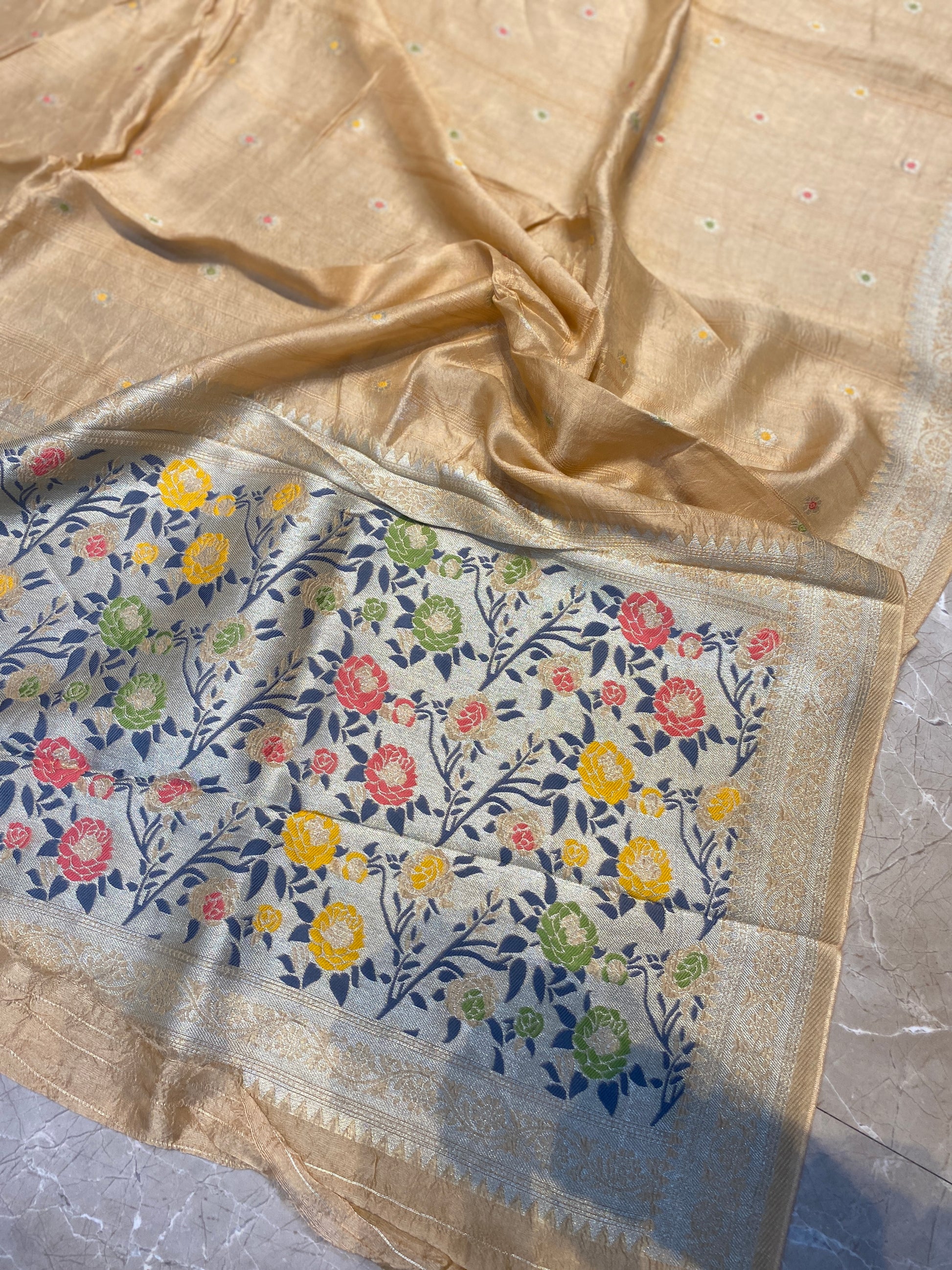 The Golden Weave: Creme Tussar Silk Banarasi Saree with Paithani Border by Shades Of Banaras - banarasi - banarasi saree shop - banarasi saree manufacturers - banarasi saree wholesale - banaraasi sarees