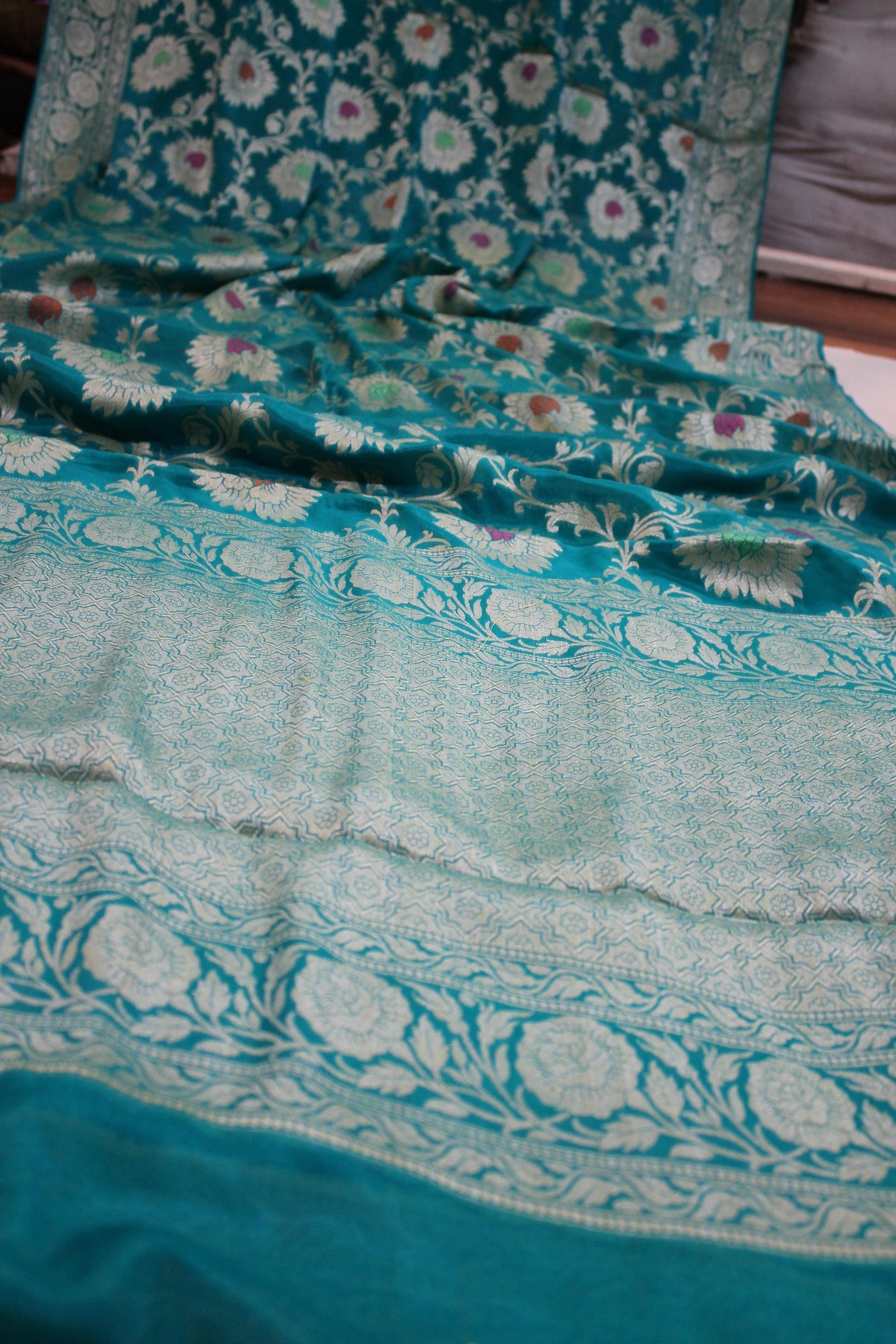 Pastel Blue Elegance: Pure Khaddi Georgette Banarasi Sari by Shades Of Benares - banarasi - banarasi saree shop