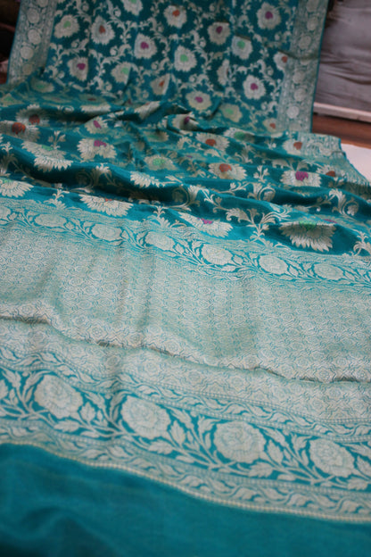 Pastel Blue Elegance: Pure Khaddi Georgette Banarasi Sari by Shades Of Benares - banarasi - banarasi saree shop