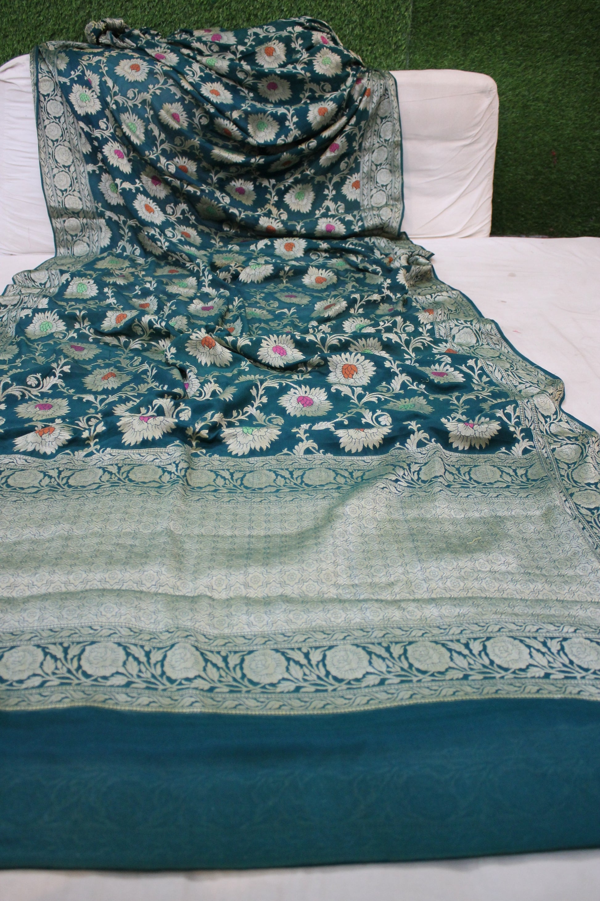 Greenish Blue Charm: Pure Khaddi Georgette Banarasi Sari by Shades Of Benares - banarasi - banarasi saree shop