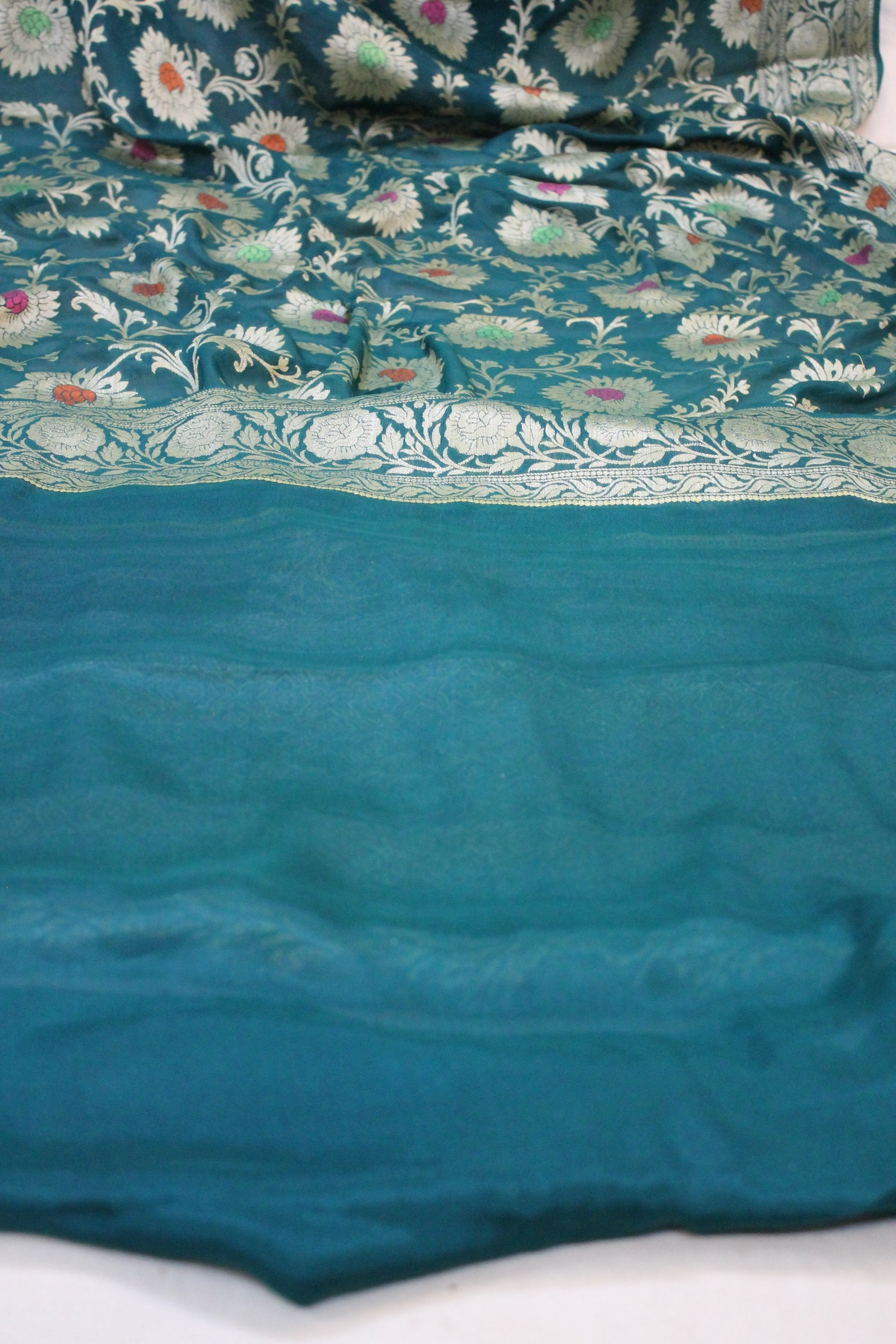 Greenish Blue Charm: Pure Khaddi Georgette Banarasi Sari by Shades Of Benares - banarasi - banarasi saree shop