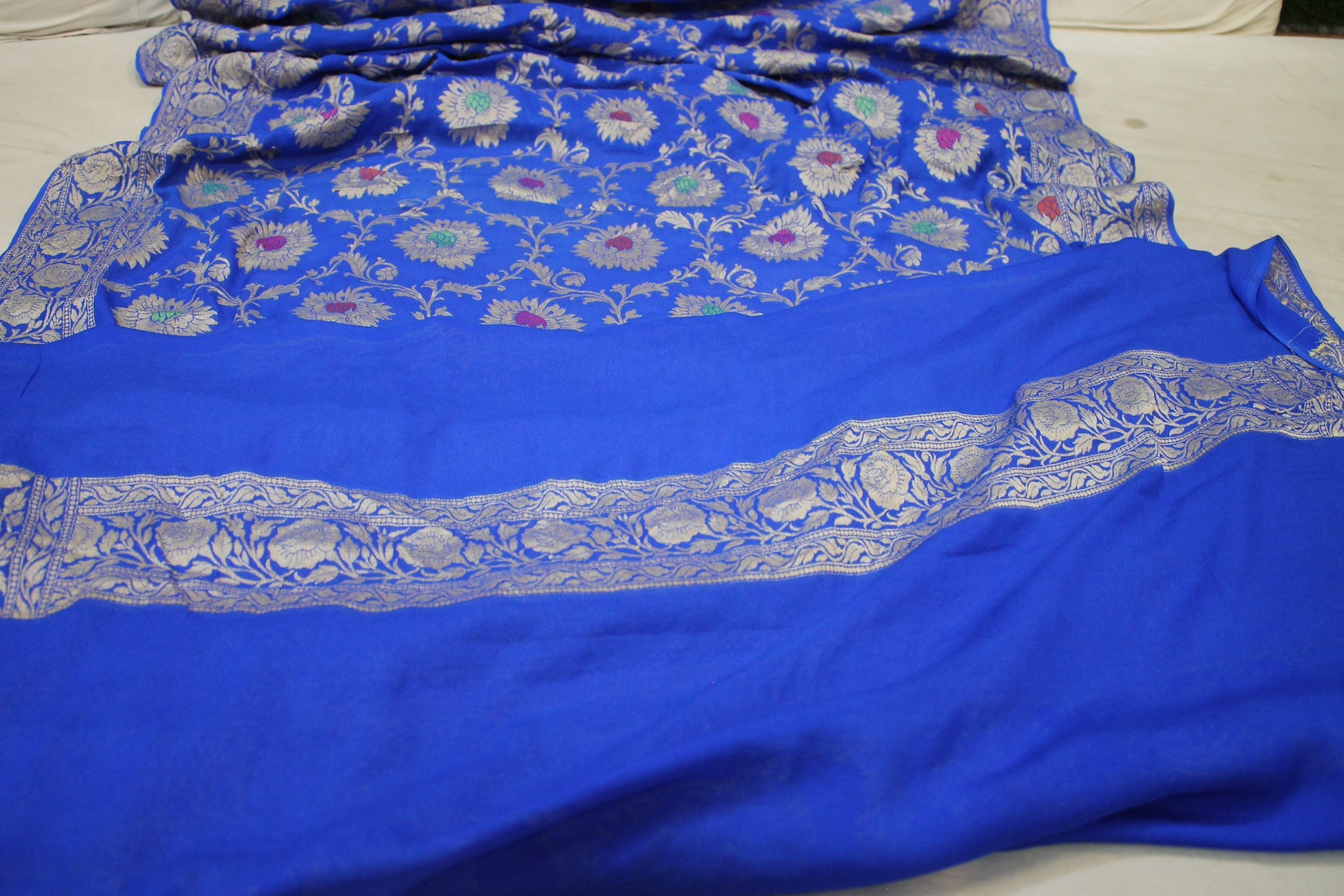 Regal Elegance: Royal Blue Pure Khaddi Georgette Banarasi Sari by Shades Of Benares - banarasi - banarasi saree shop