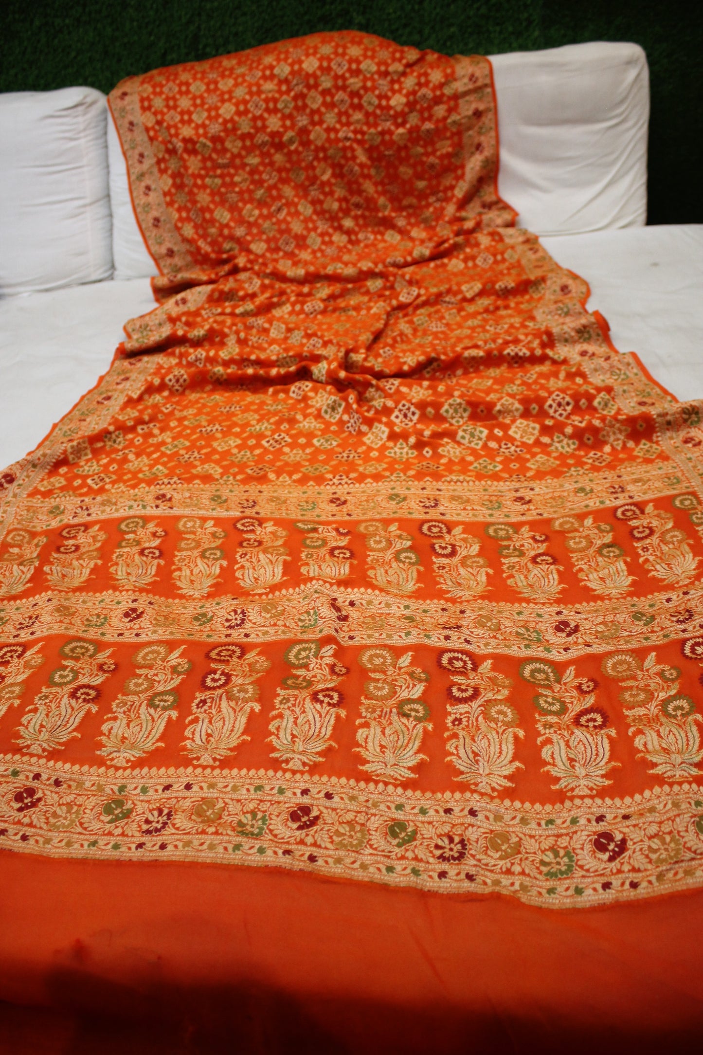 Vibrant Elegance: Orange Ghaatchola Pure Khaddi Georgette Banarasi Sari by Shades Of Benares - banarasi - banarasi saree shop