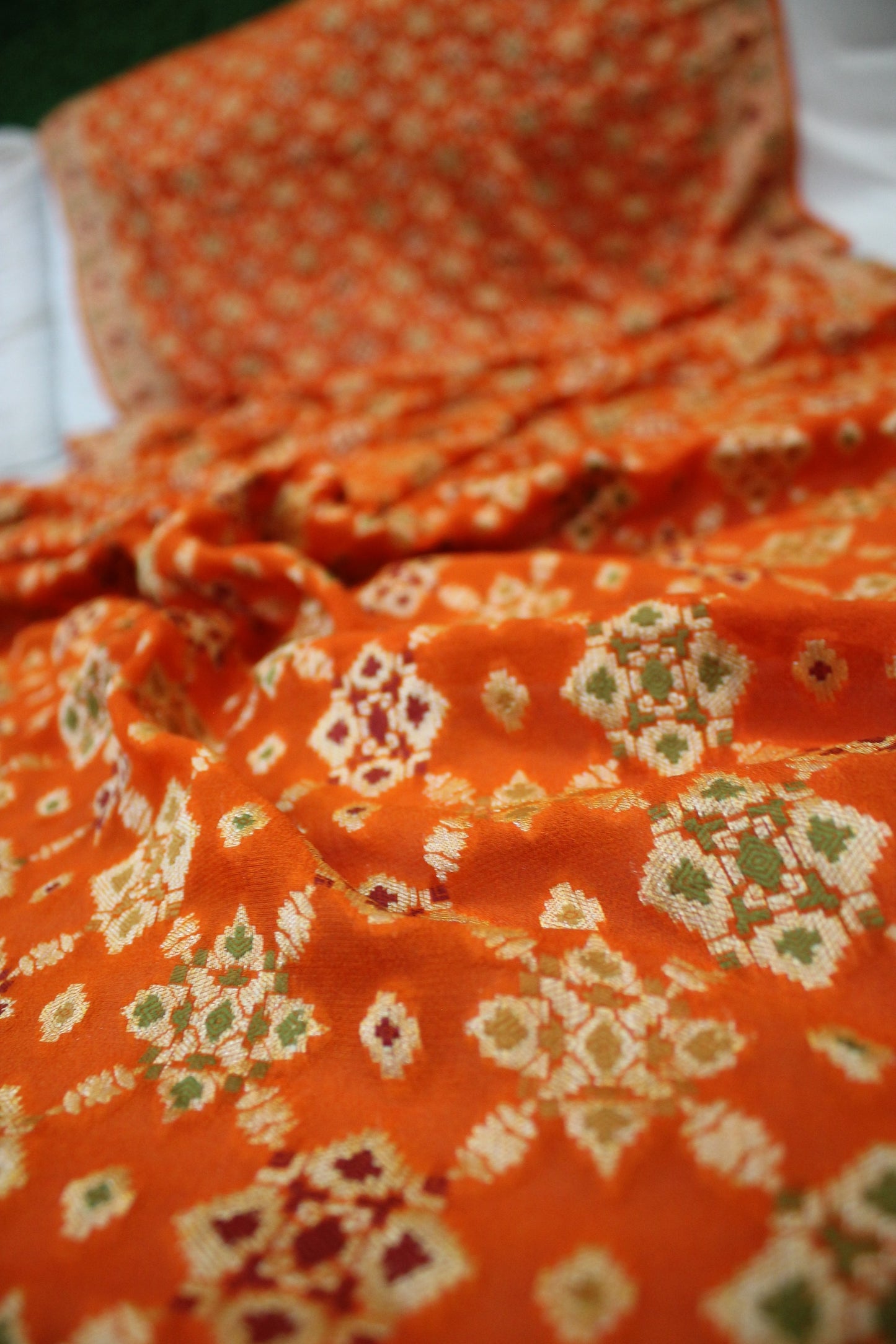 Vibrant Elegance: Orange Ghaatchola Pure Khaddi Georgette Banarasi Sari by Shades Of Benares - banarasi - banarasi saree shop