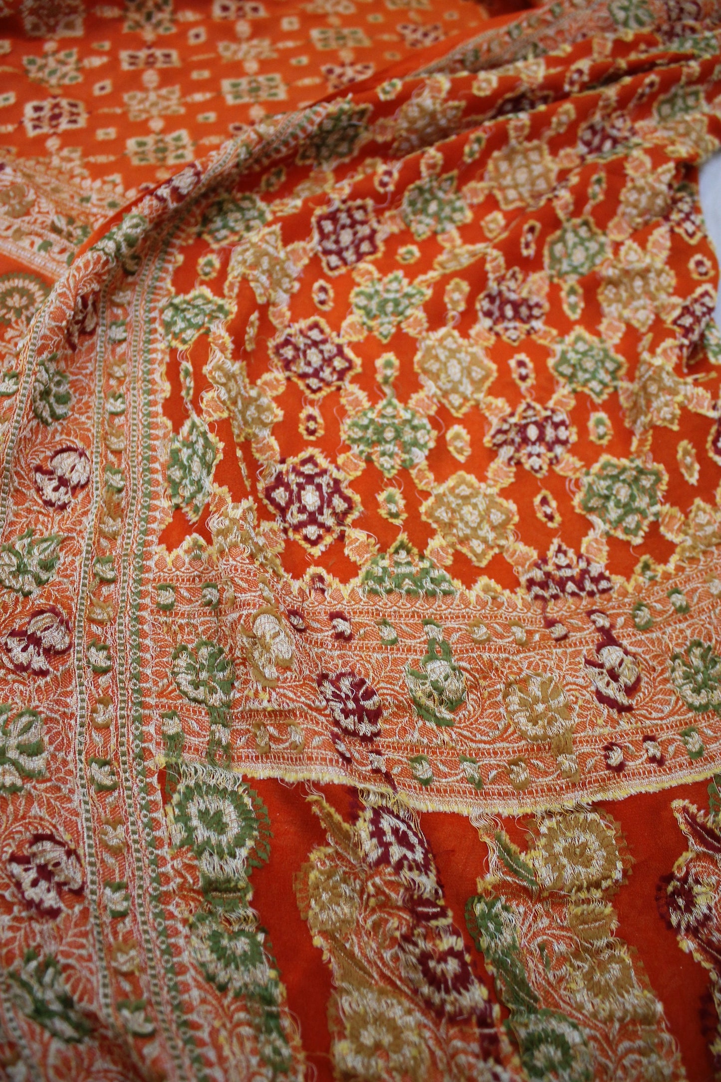 Vibrant Elegance: Orange Ghaatchola Pure Khaddi Georgette Banarasi Sari by Shades Of Benares - banarasi - banarasi saree shop