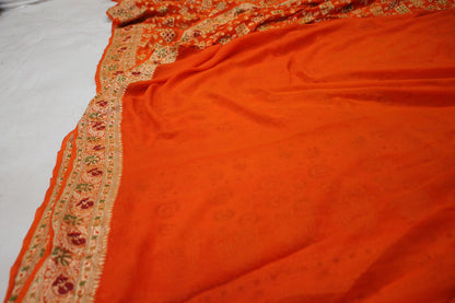 Vibrant Elegance: Orange Ghaatchola Pure Khaddi Georgette Banarasi Sari by Shades Of Benares - banarasi - banarasi saree shop