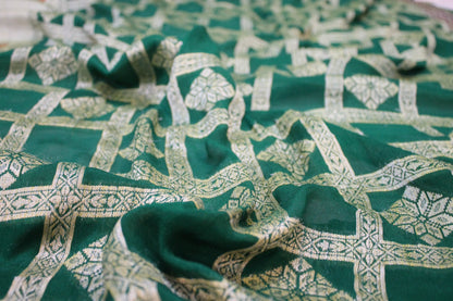 Enchanting Elegance: Dark Green Ghaatchola Tilfi Pure Khaddi Georgette Banarasi Sari by Shades Of Benares - banarasi - banarasi saree shop